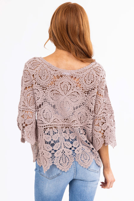 Latte Crochet Lace Scalloped Half Sleeve Top