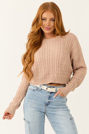 Latte Cropped Soft Cable Knit Sweater