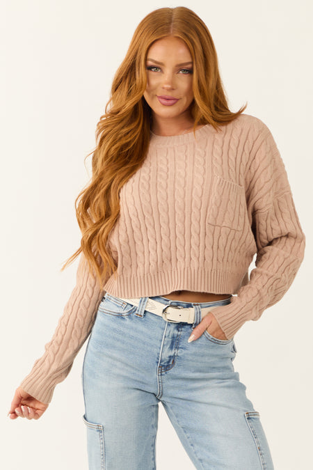 Latte Cropped Soft Cable Knit Sweater