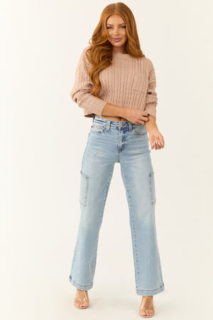 Latte Cropped Soft Cable Knit Sweater