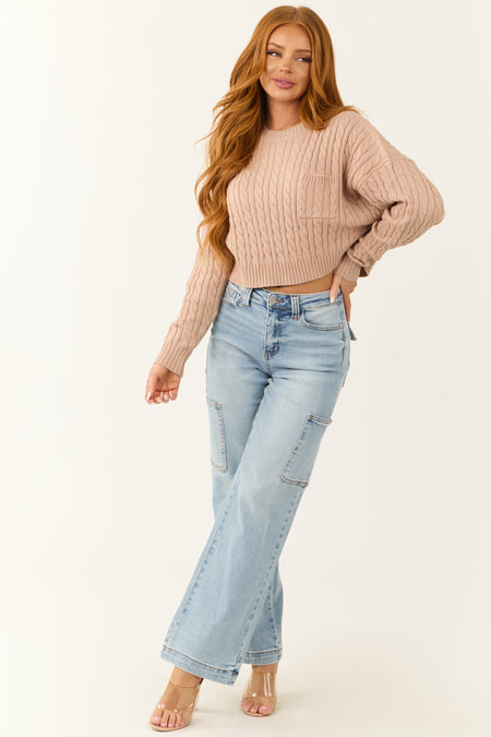 Latte Cropped Soft Cable Knit Sweater