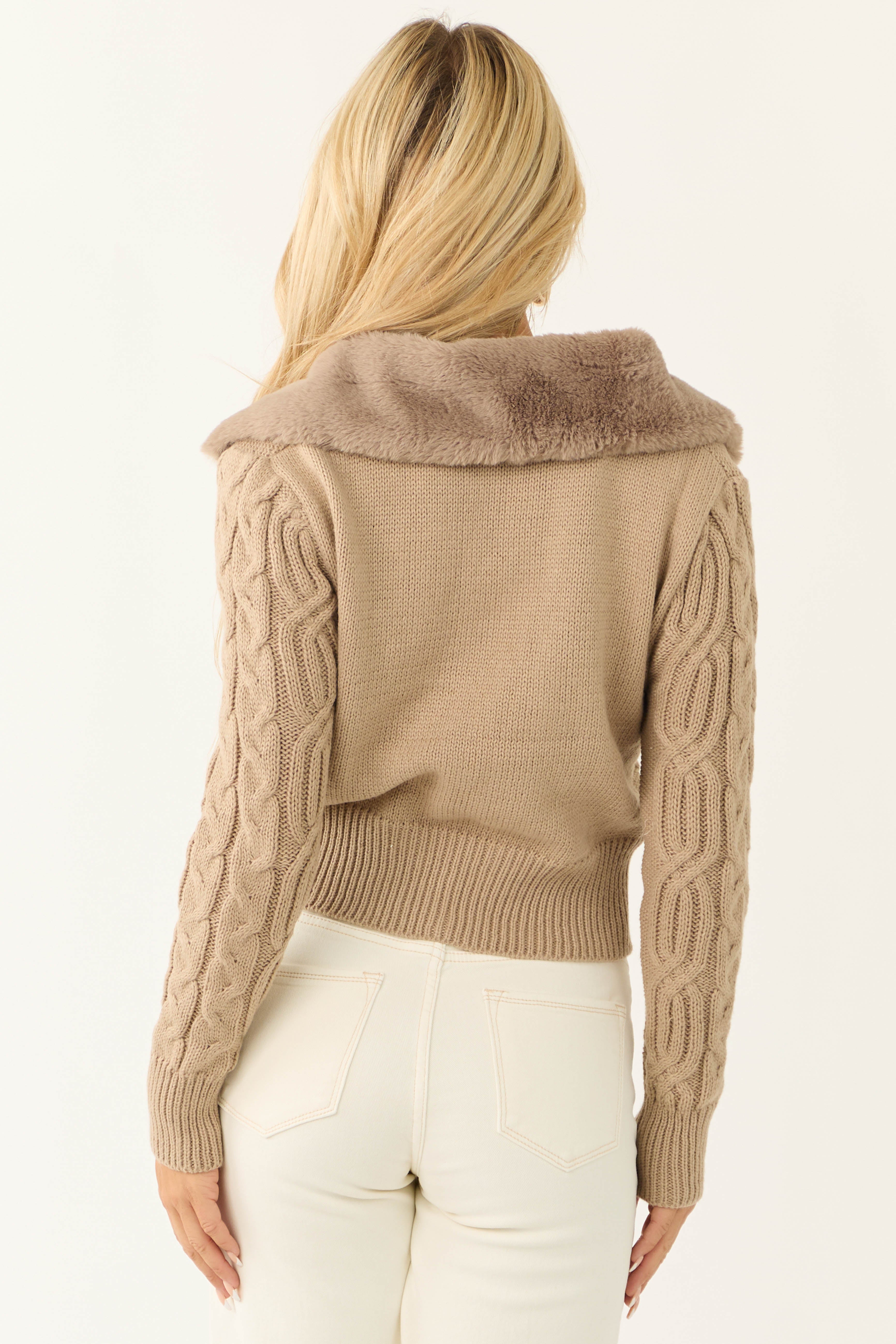 Latte Faux Fur Collar Cable Knit Cardigan