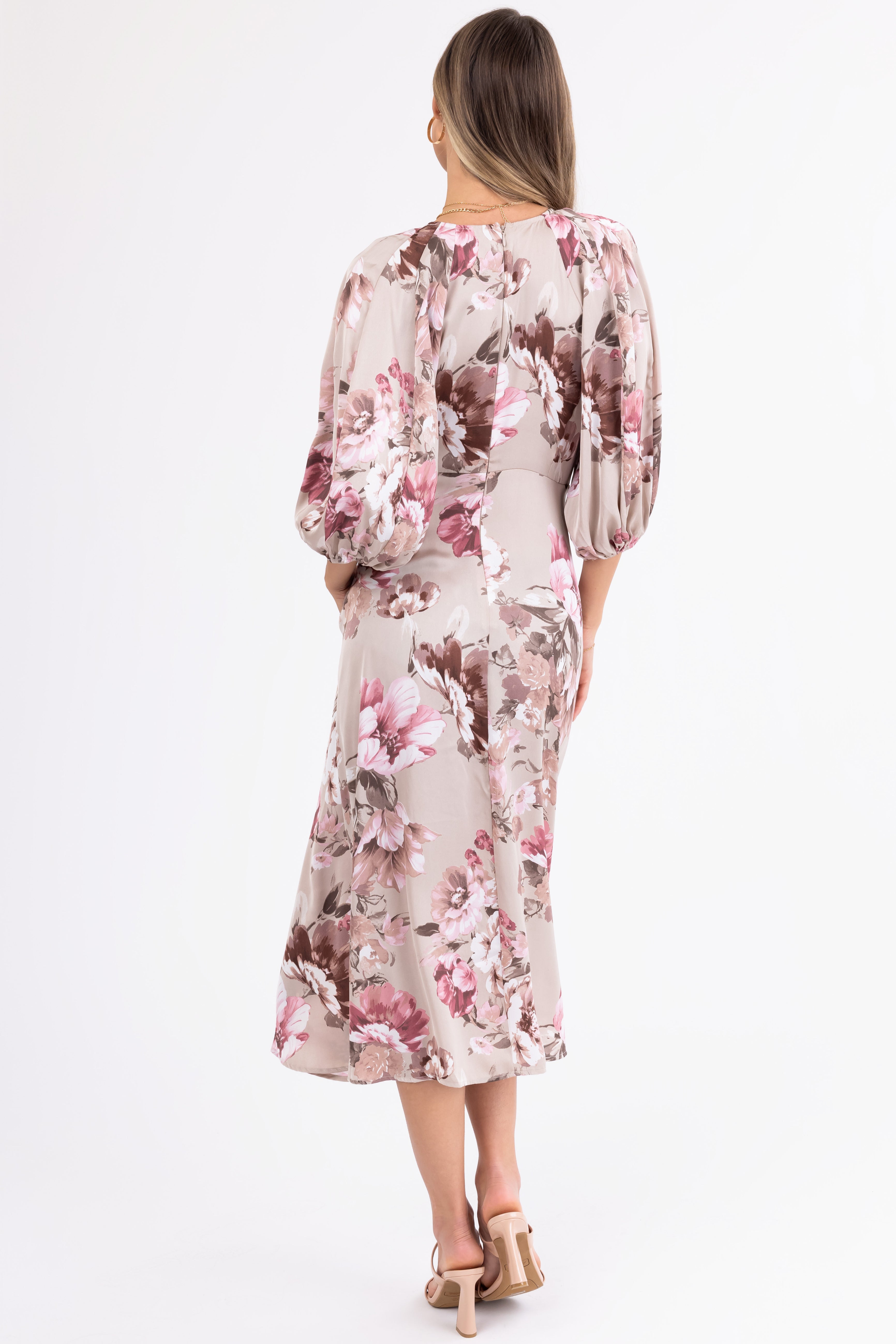 Latte Floral Print Deep V Neck Satin Maxi Dress