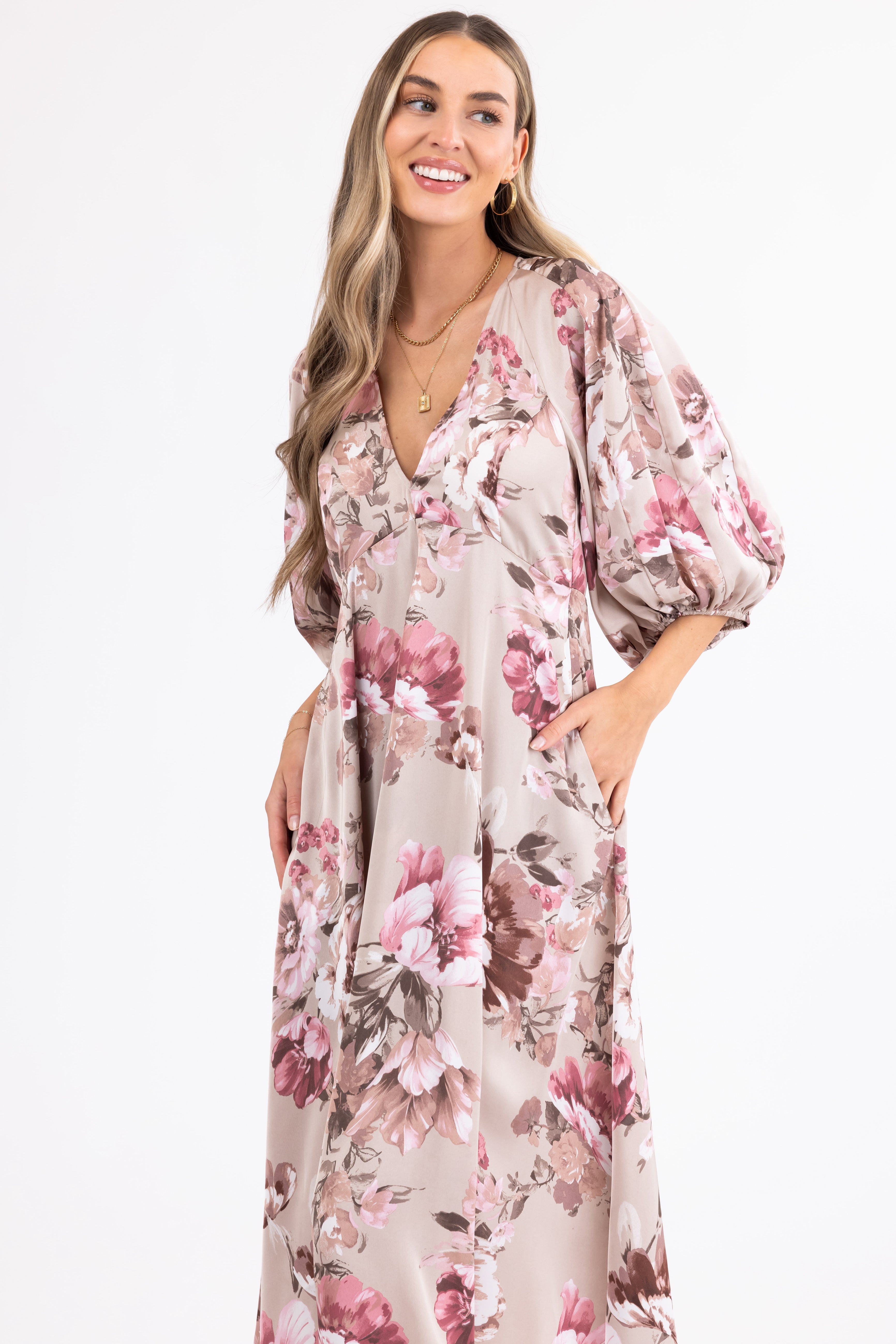 Latte Floral Print Deep V Neck Satin Maxi Dress