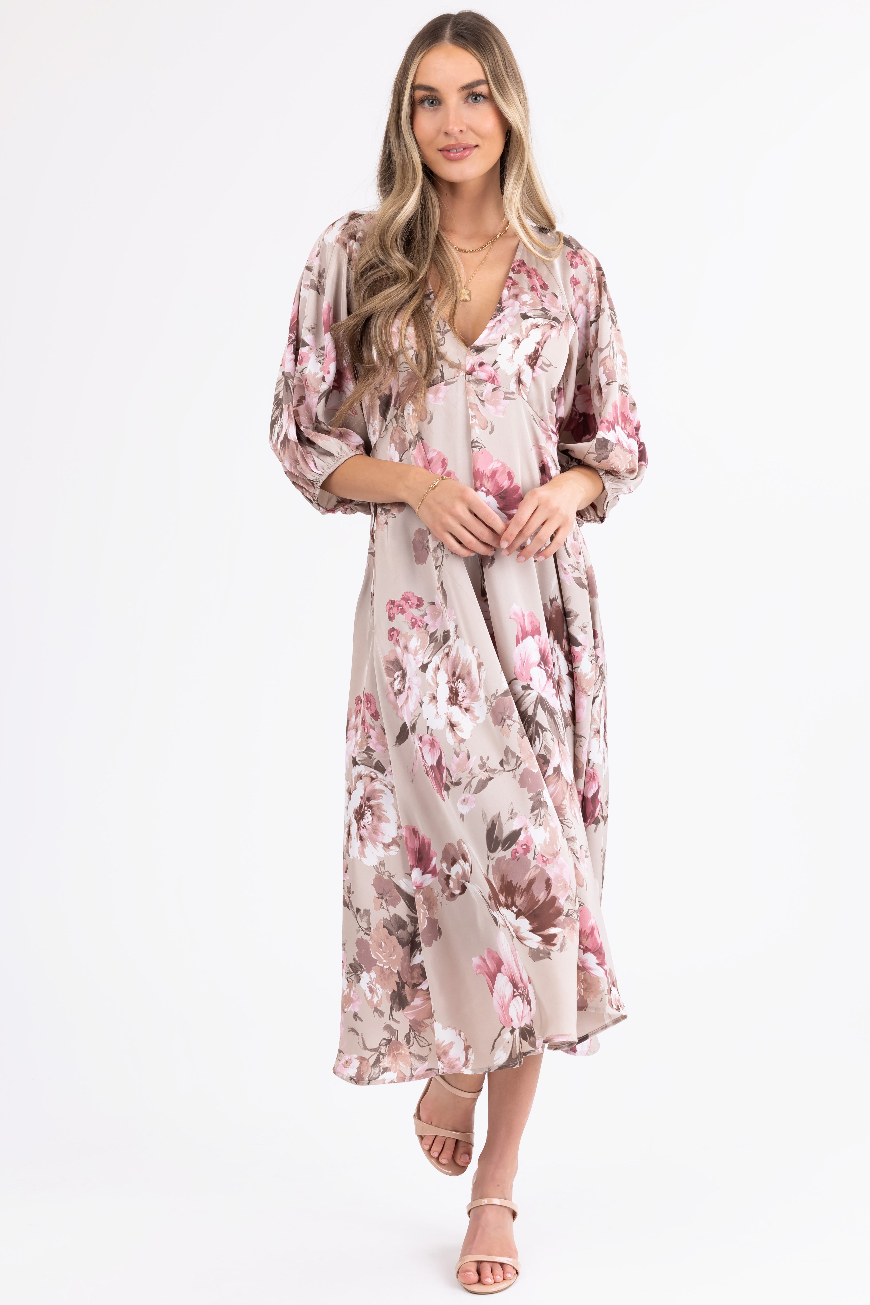 Latte Floral Print Deep V Neck Satin Maxi Dress