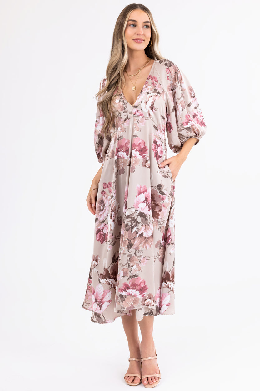 Latte Floral Print Deep V Neck Satin Maxi Dress