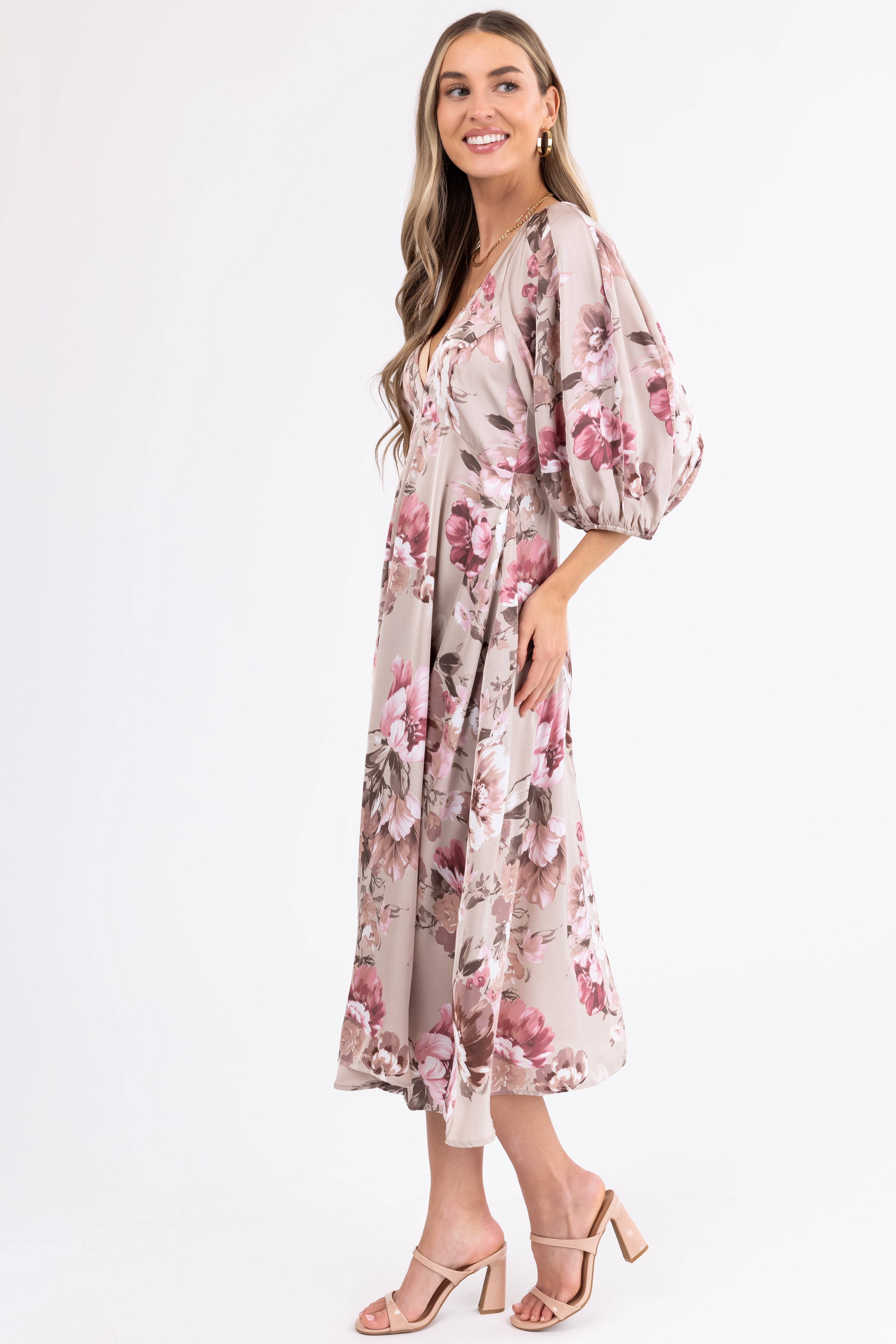 Latte Floral Print Deep V Neck Satin Maxi Dress