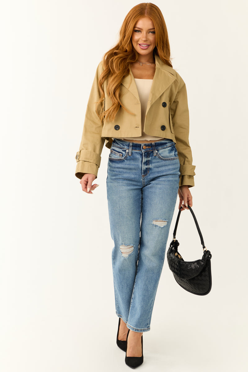 Latte Long Sleeve Buttoned Crop Trench Jacket