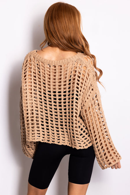 Latte Long Sleeve Open Crochet Top