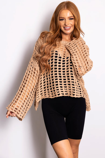 Latte Long Sleeve Open Crochet Top