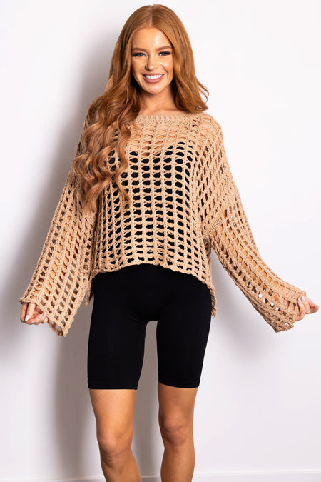 Latte Long Sleeve Open Crochet Top