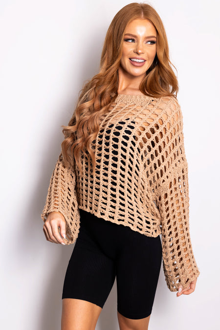 Latte Long Sleeve Open Crochet Top