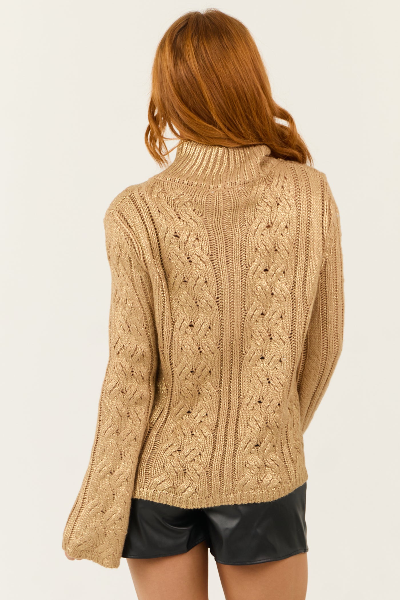 Latte Metallic Cable Knit Mock Neck Sweater