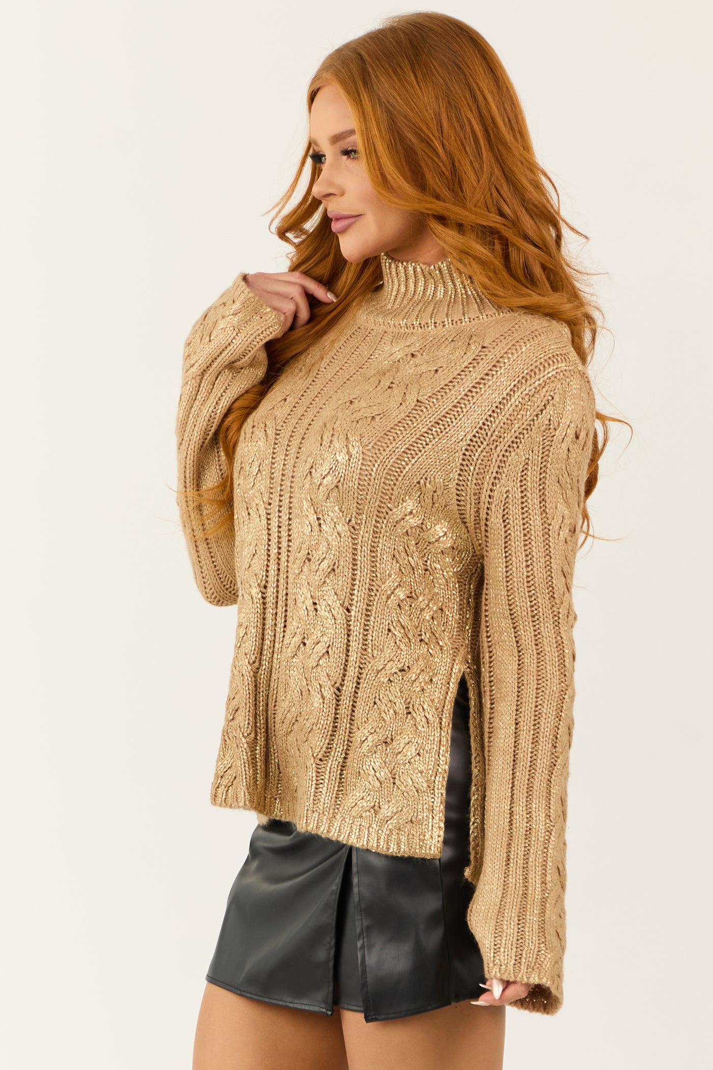 Latte Metallic Cable Knit Mock Neck Sweater