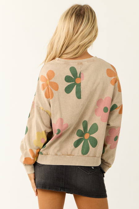 Latte Mineral Wash Flower Print Sweatshirt