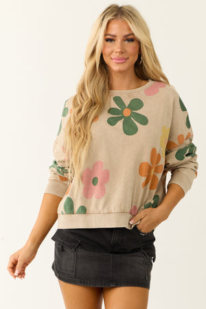 Latte Mineral Wash Flower Print Sweatshirt