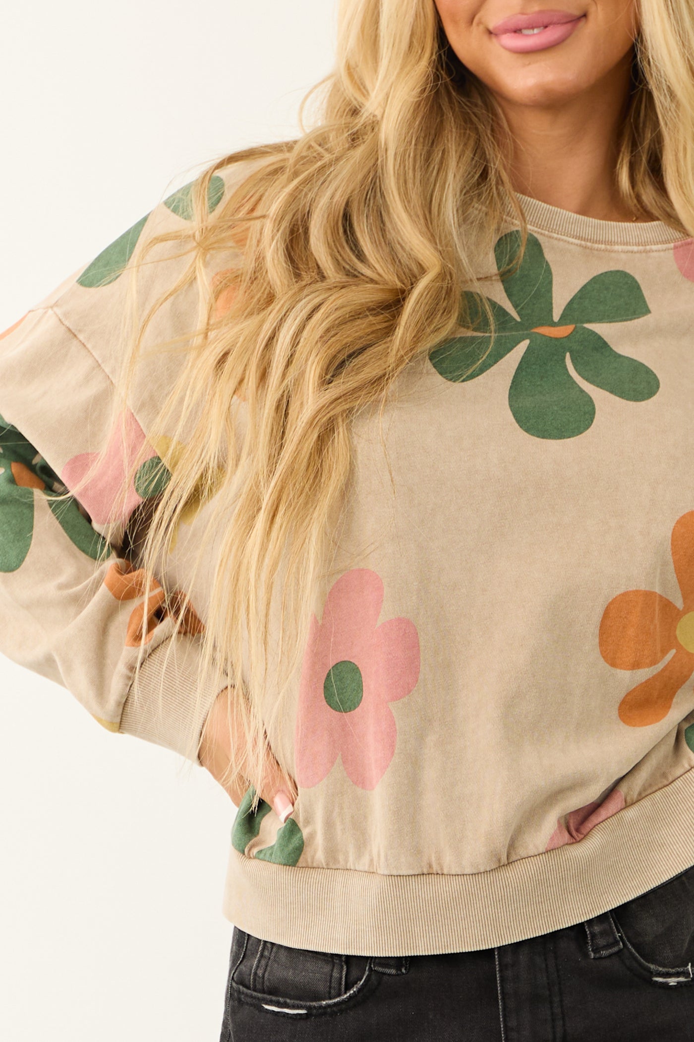 Latte Mineral Wash Flower Print Sweatshirt