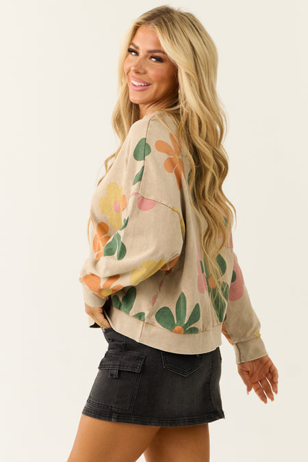 Latte Mineral Wash Flower Print Sweatshirt