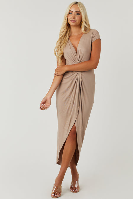 Latte Plunging V Front Twist Knot Midi Dress