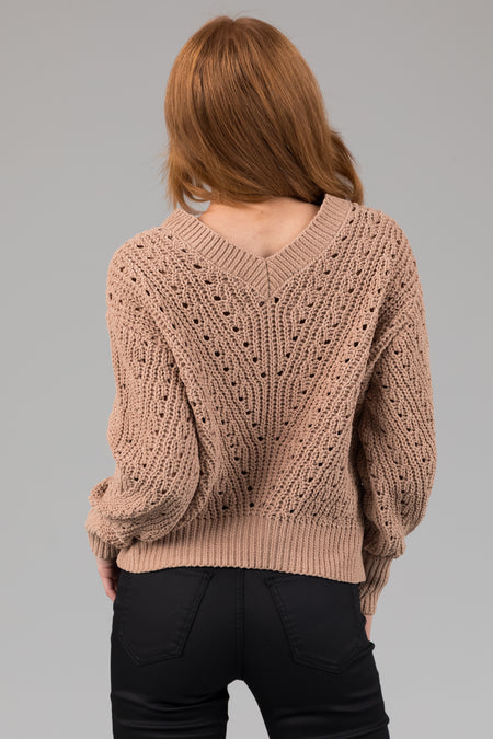 Latte Pointelle Cut Out Chenille Sweater