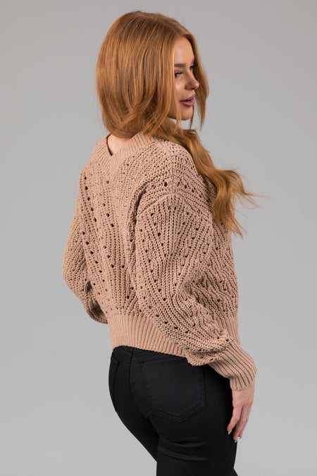 Latte Pointelle Cut Out Chenille Sweater