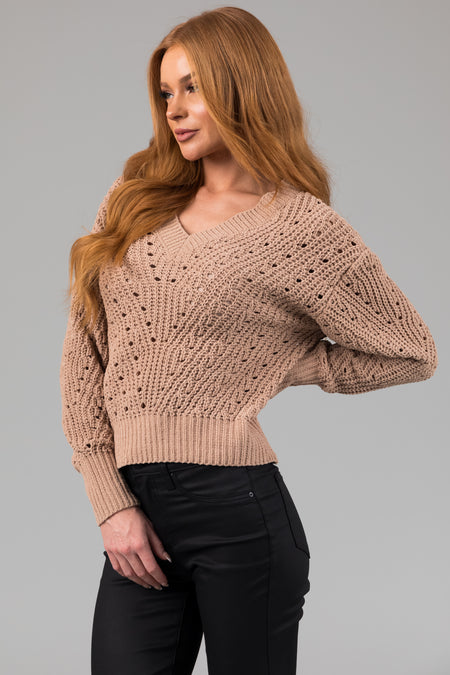 Latte Pointelle Cut Out Chenille Sweater