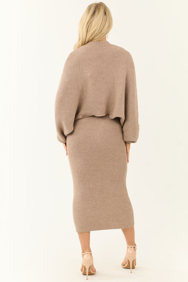 Latte Ribbed Knit Midi Dress and Shrug Cardigan Set