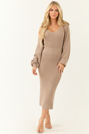 Latte Ribbed Knit Midi Dress and Shrug Cardigan Set