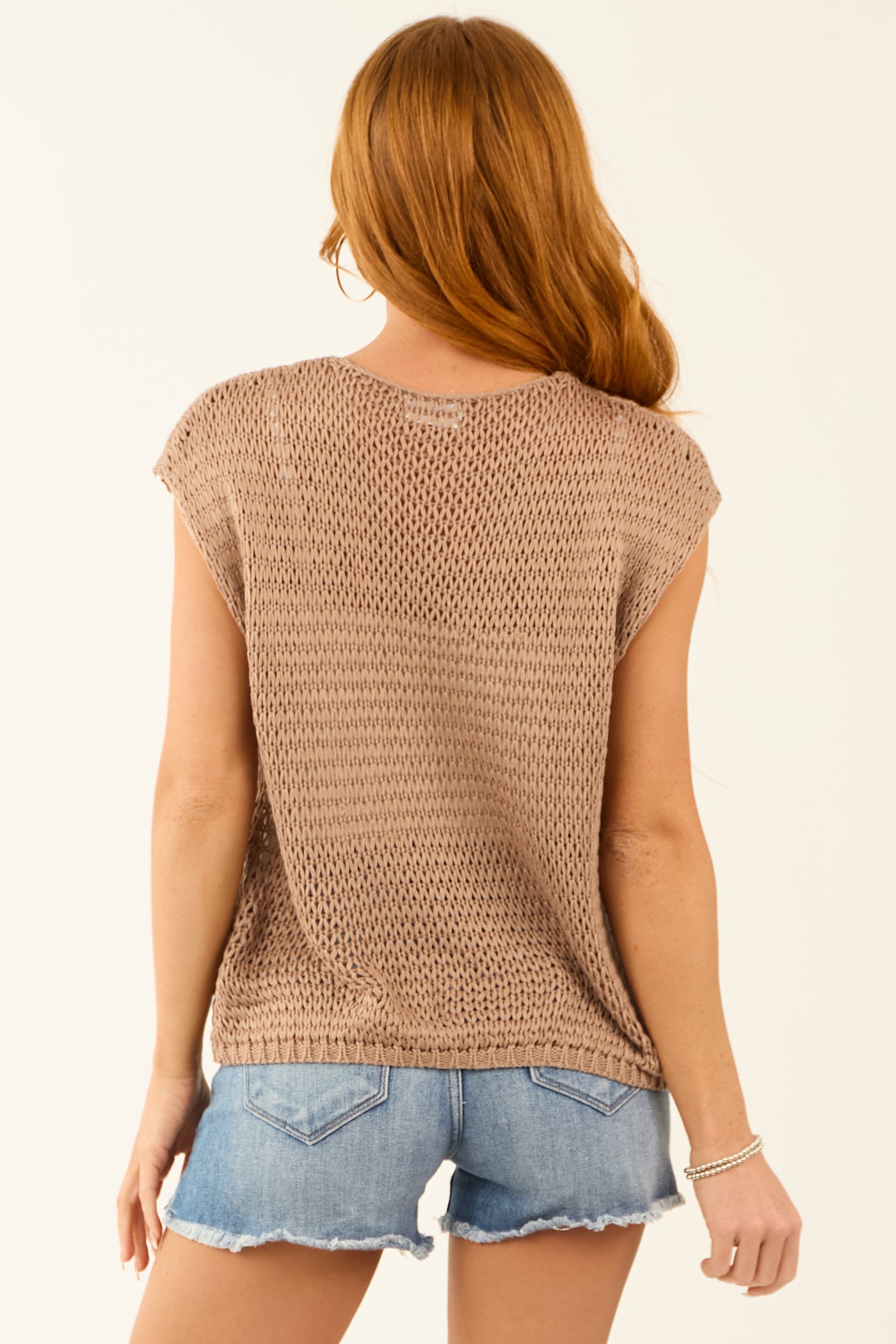 Latte Round Neck Open Knit Cap Sleeve Top