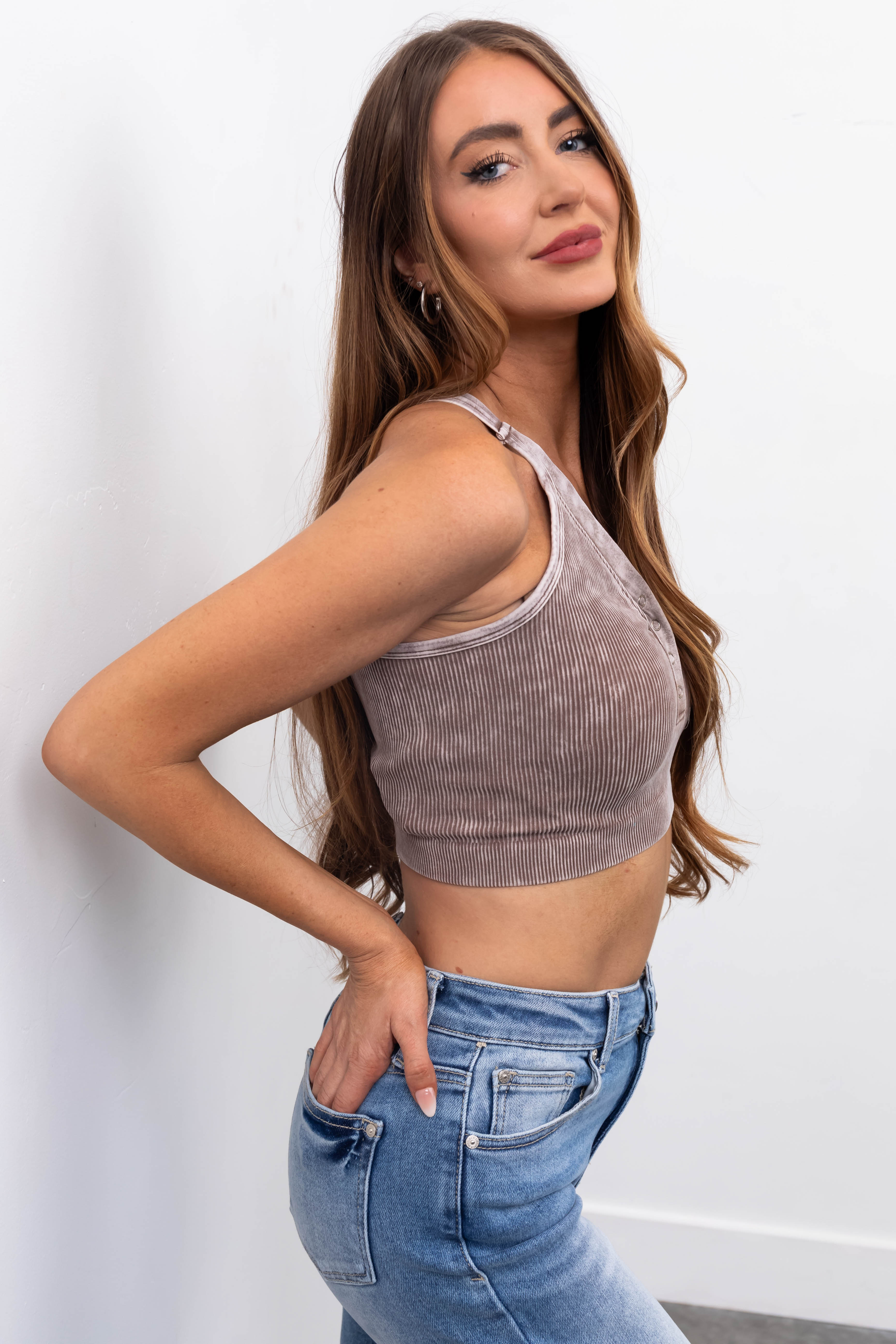 Latte Sleeveless Washed Ribbed Crop Top