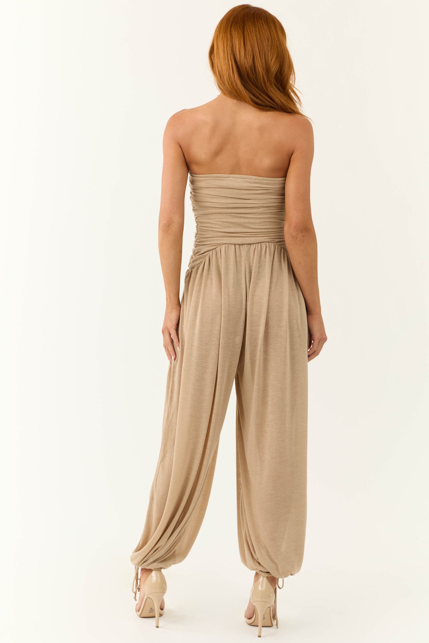 Latte Strapless Wide Leg Ruched Jumpsuit