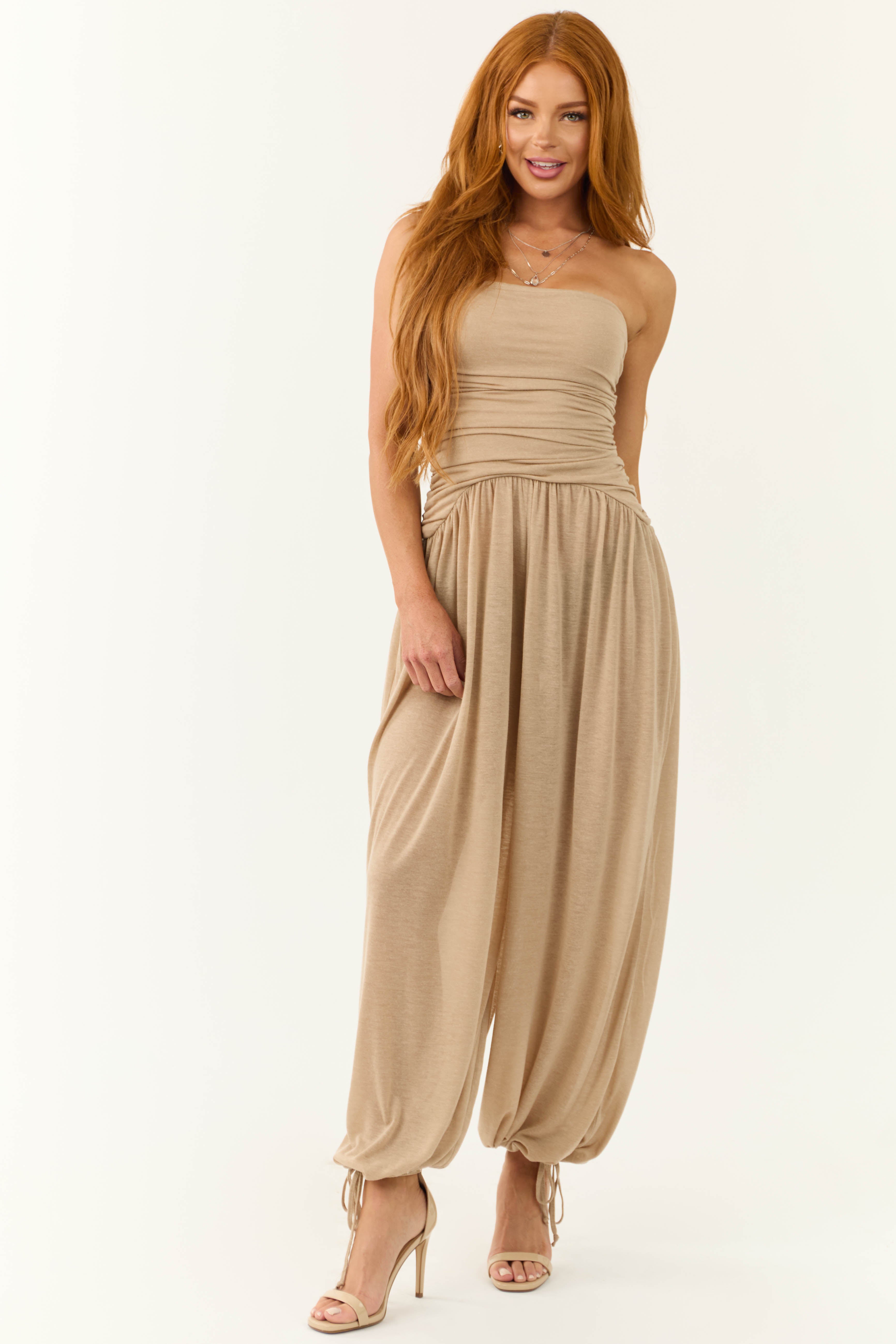 Latte Strapless Wide Leg Ruched Jumpsuit