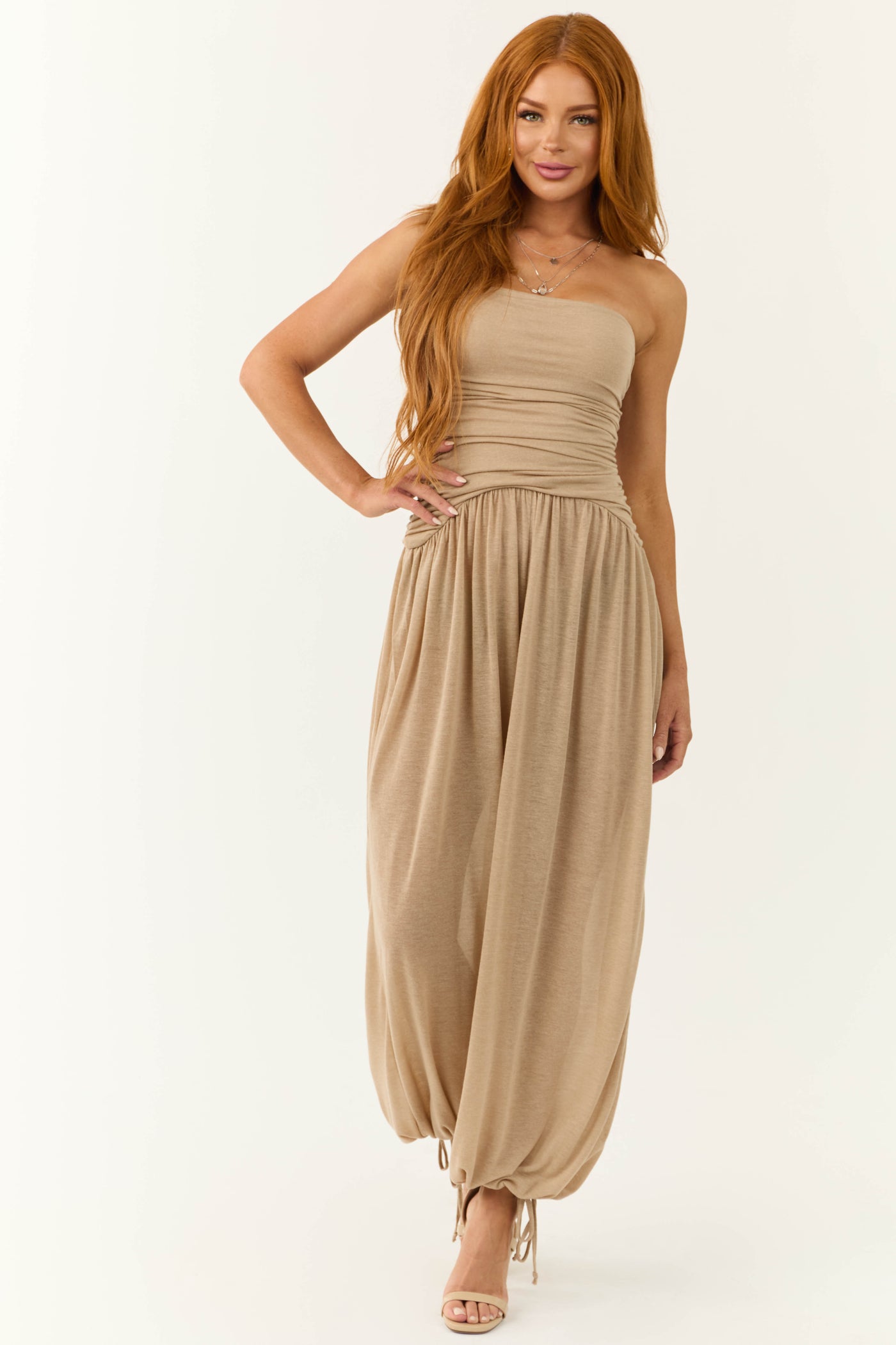 Latte Strapless Wide Leg Ruched Jumpsuit