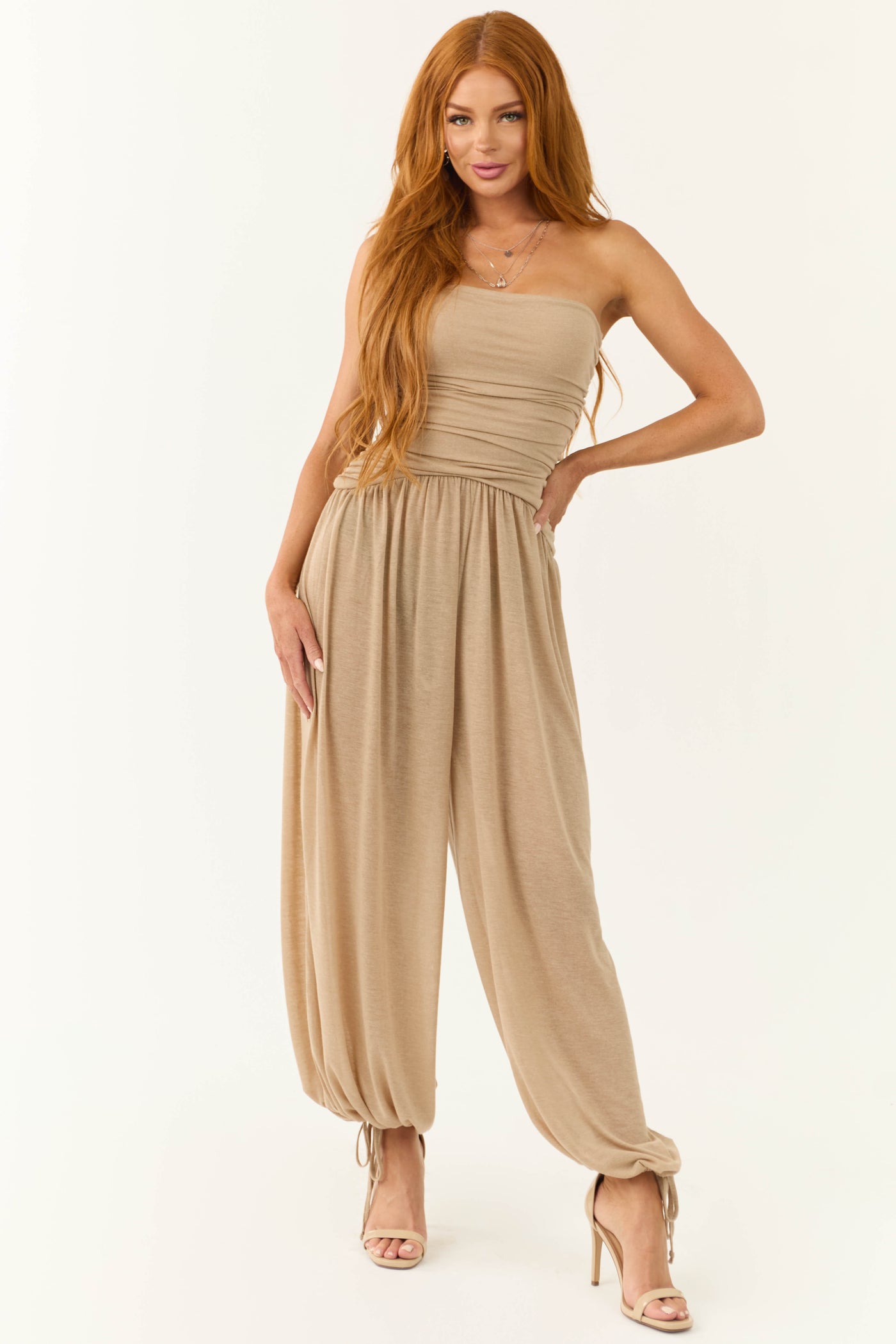 Latte Strapless Wide Leg Ruched Jumpsuit