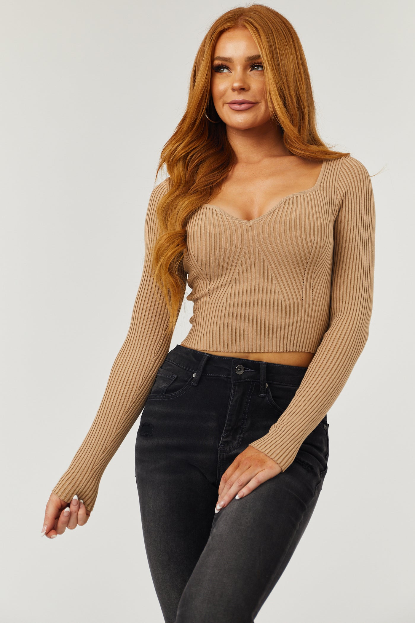 Latte Sweetheart Neck Cropped Ribbed Knit Top