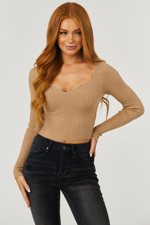 Latte Sweetheart Neck Cropped Ribbed Knit Top