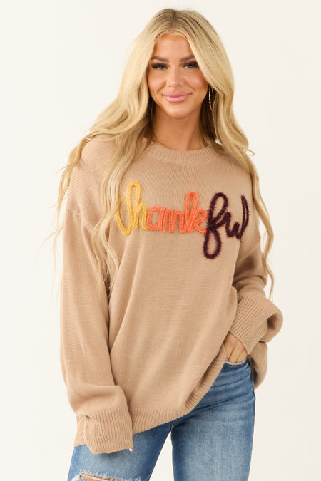 Latte 'Thankful' Metallic Yarn Graphic Sweater