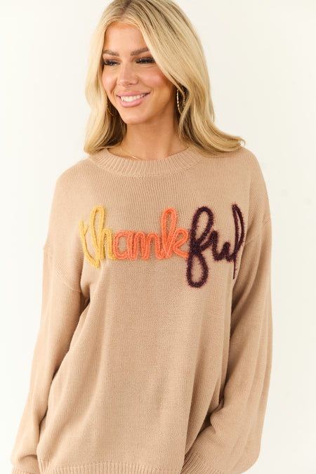 Latte 'Thankful' Metallic Yarn Graphic Sweater