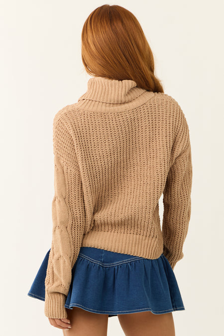 Latte Turtleneck Cable Knit Chenille Sweater