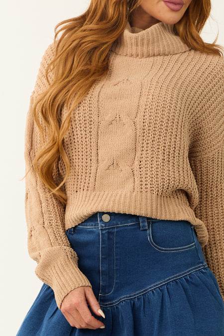 Latte Turtleneck Cable Knit Chenille Sweater