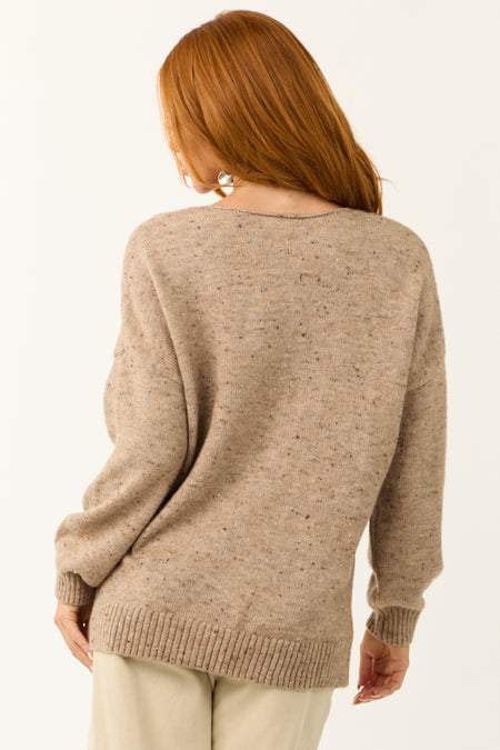 Latte V Neck Speckled Knit Sweater