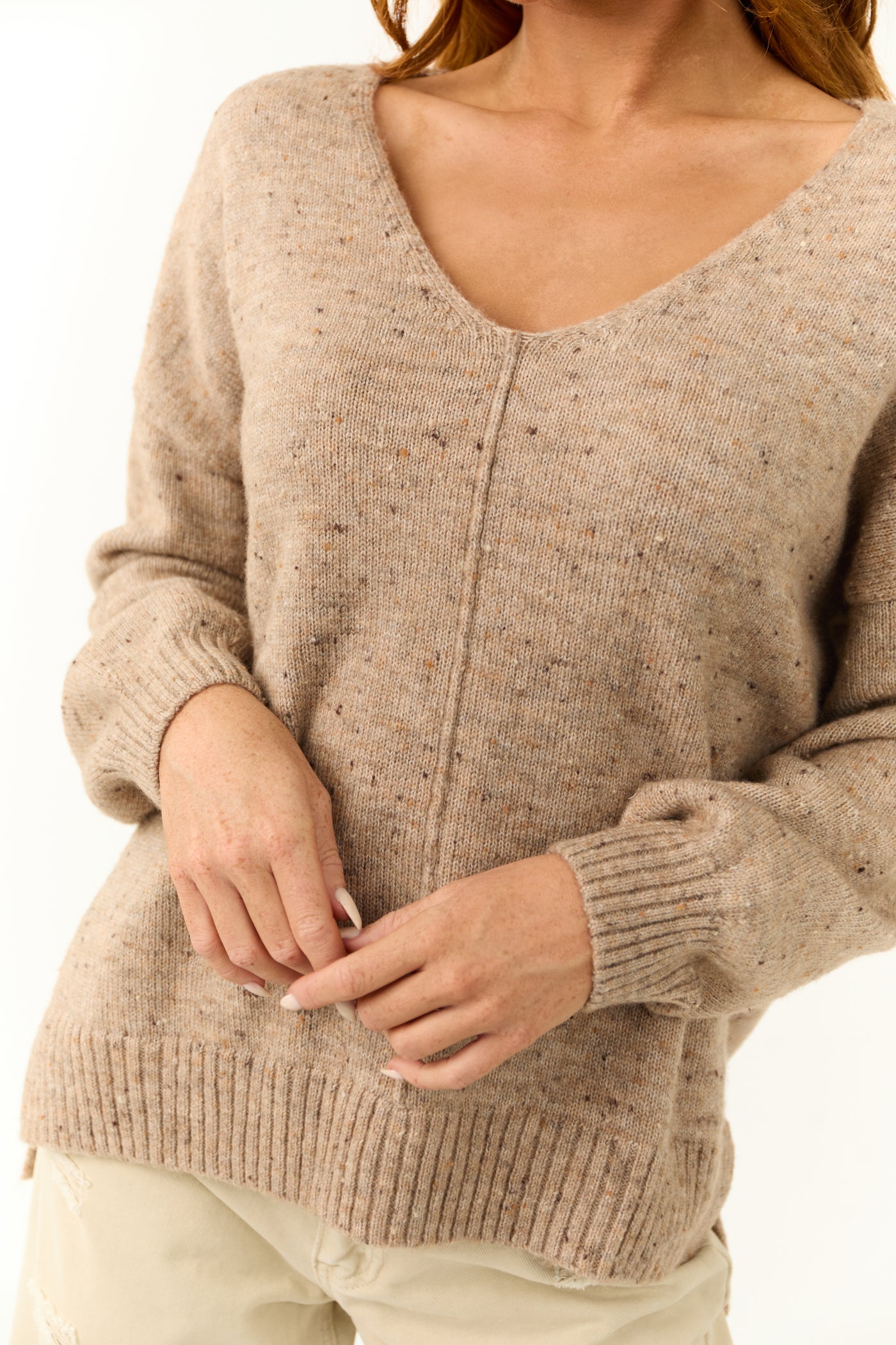 Latte V Neck Speckled Knit Sweater