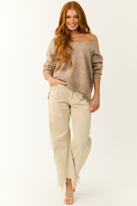 Latte V Neck Speckled Knit Sweater