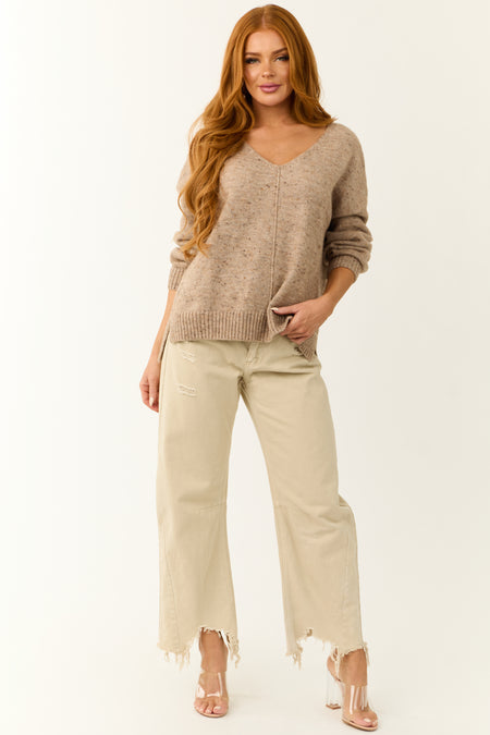 Latte V Neck Speckled Knit Sweater