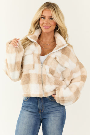 Latte and Ivory Plaid Fuzzy Zip Up Shacket