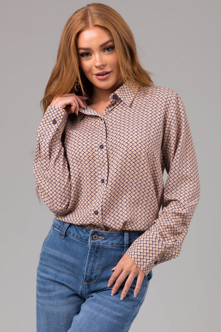 Latte and Navy Honeycomb Patterned Blouse