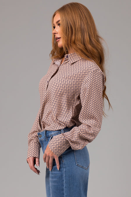 Latte and Navy Honeycomb Patterned Blouse