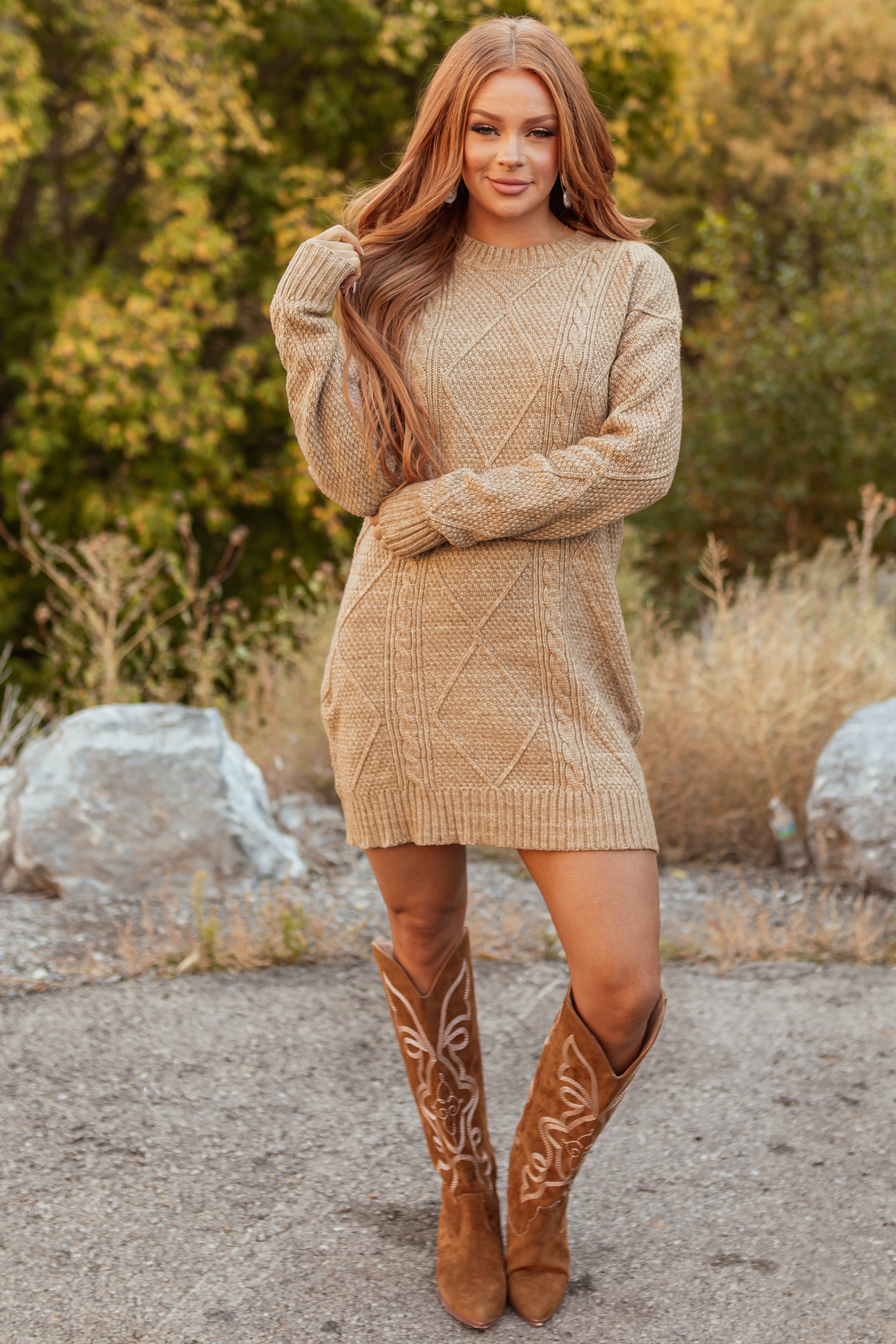 Latte Cable Knit Loose Fit Short Sweater Dress Lime Lush Boutique