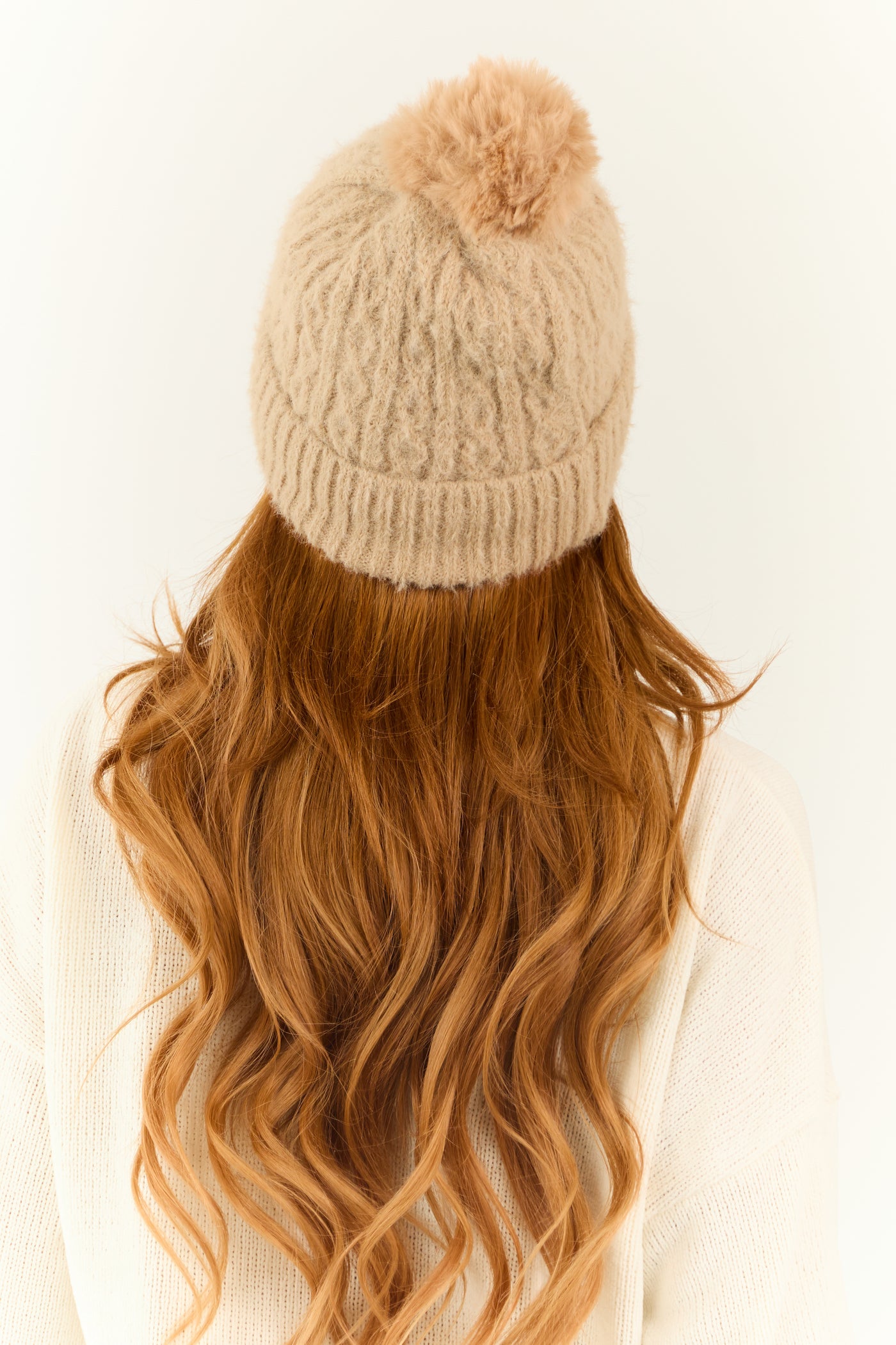 Latte Cable Knit Pom Pom Soft Faux Fur Beanie