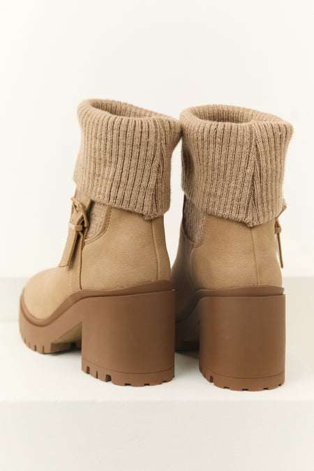 Latte Chunky Heel Side Buckle Booties